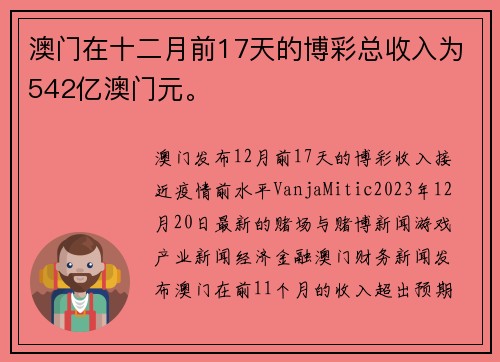 澳门在十二月前17天的博彩总收入为542亿澳门元。